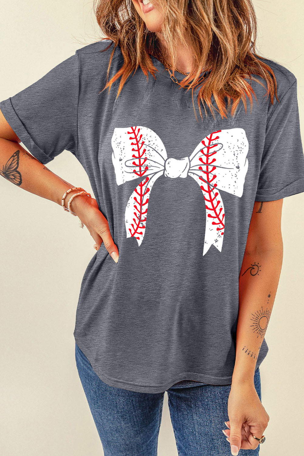 Gray Casual Baseball or Softball Bowknot Graphic Roll Up Sleeve Tee