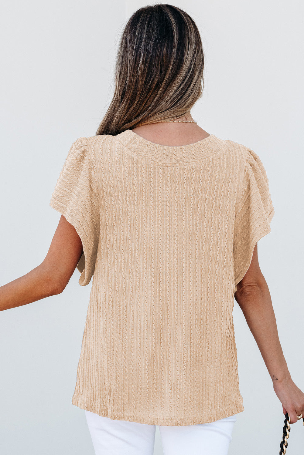 Moonlight Jade Solid Color Textured Flutter Sleeve Top
