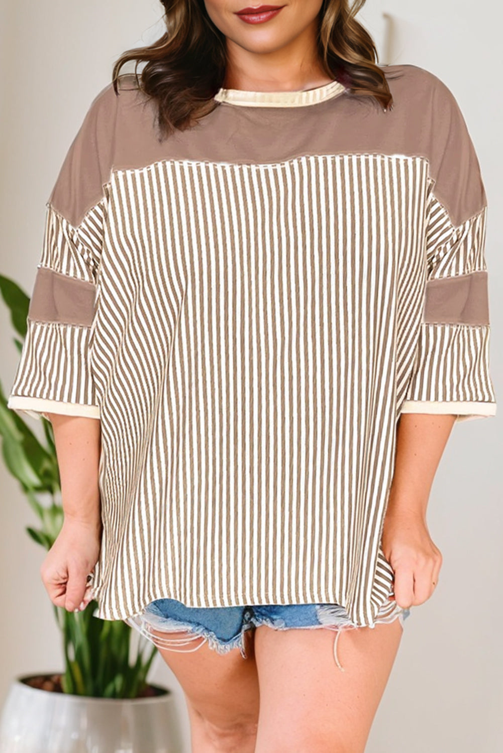 White Stripe Patchwork Bracelet Sleeve Plus Size T Shirt