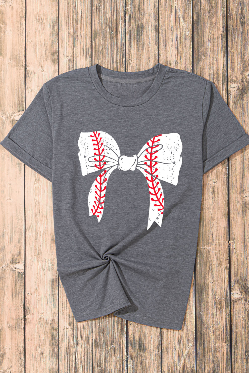 Gray Casual Baseball or Softball Bowknot Graphic Roll Up Sleeve Tee
