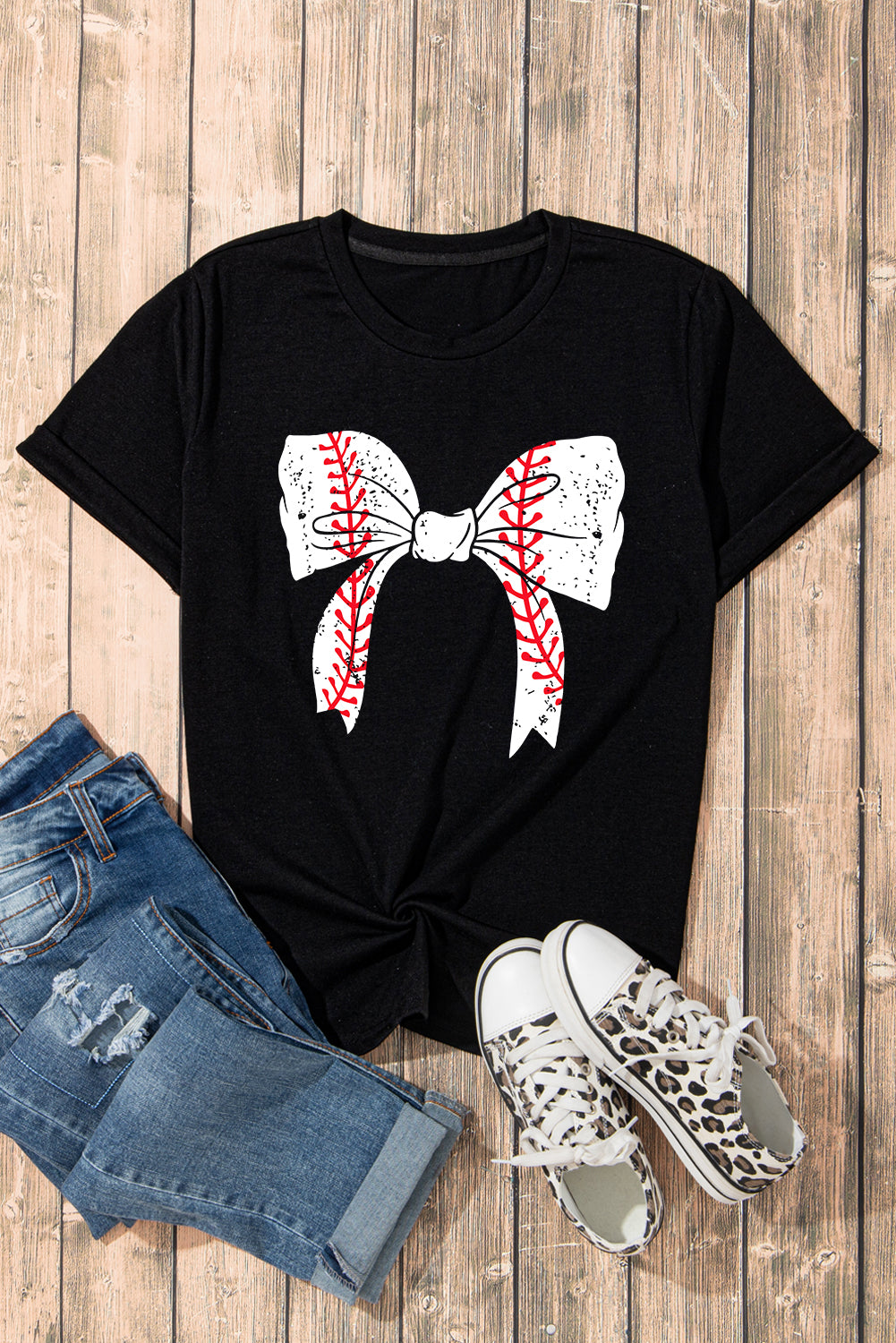 Gray Casual Baseball or Softball Bowknot Graphic Roll Up Sleeve Tee