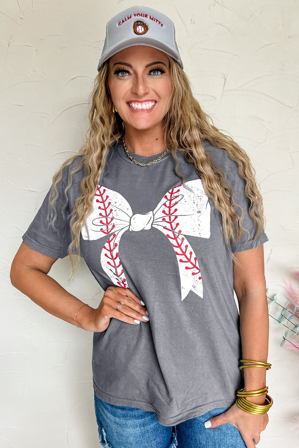 Gray Casual Baseball or Softball Bowknot Graphic Roll Up Sleeve Tee