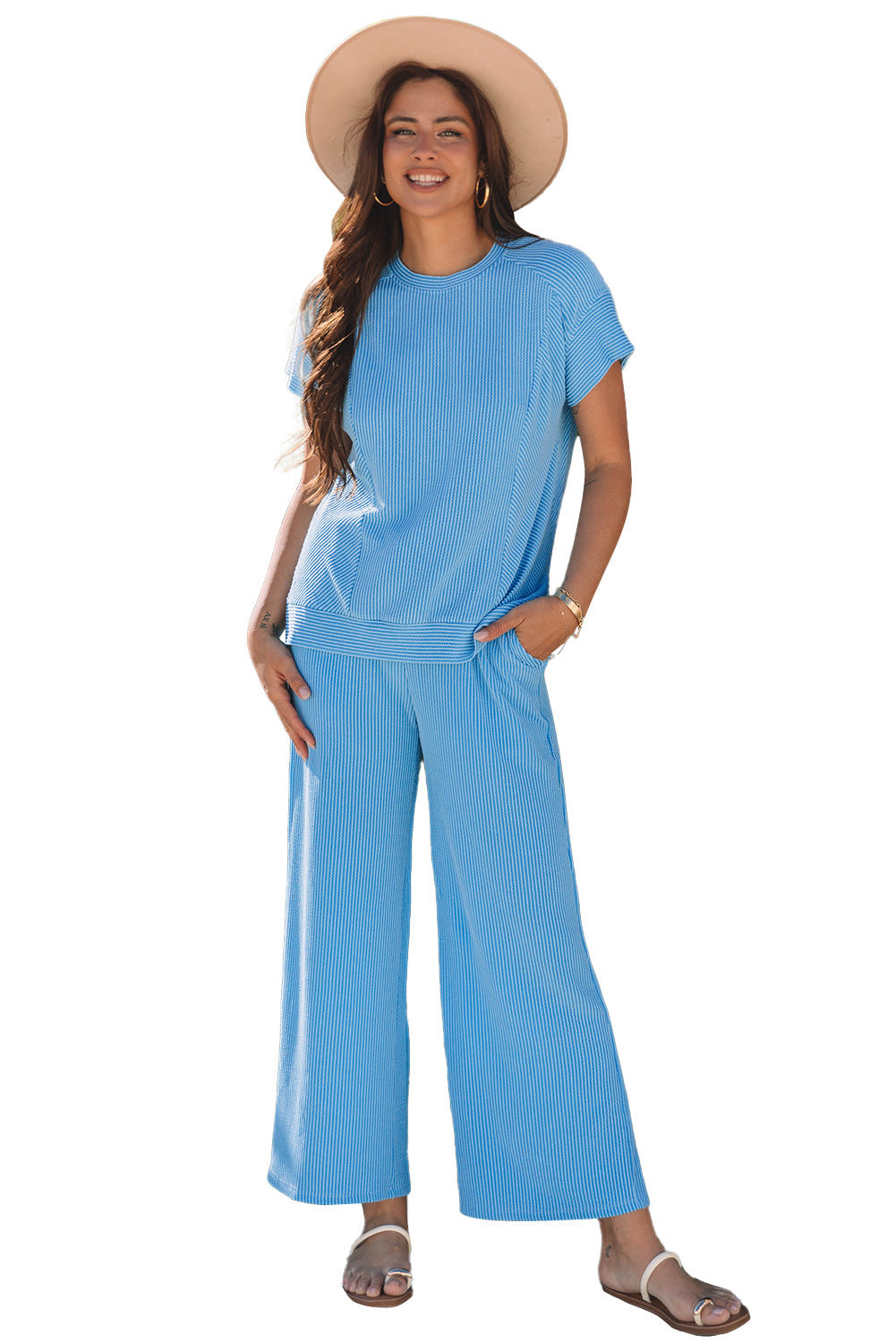 Bright Green Solid Corded Knit Short Sleeve T Shirt and Wide Leg Pants Set
