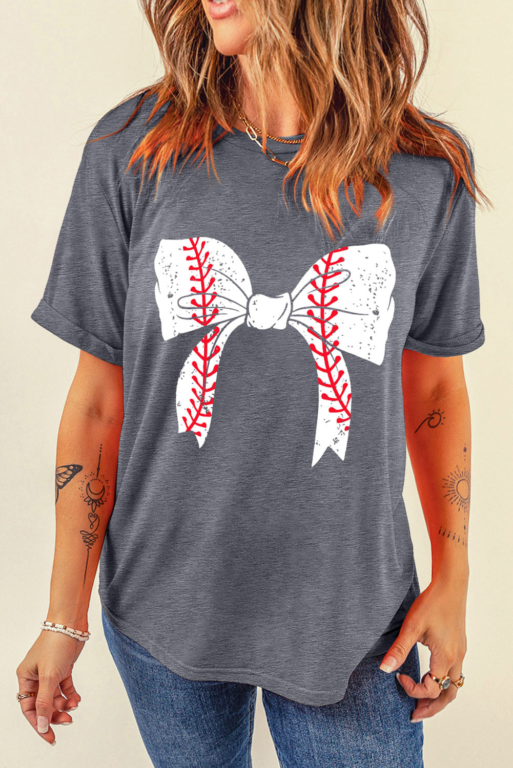 Gray Casual Baseball or Softball Bowknot Graphic Roll Up Sleeve Tee