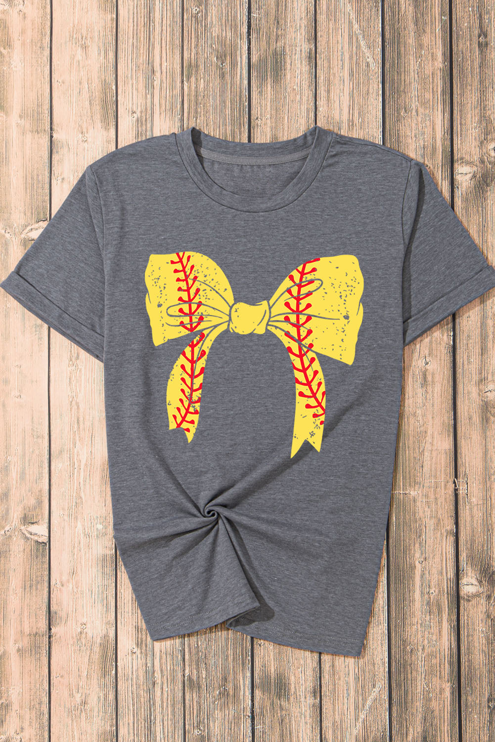 Gray Casual Baseball or Softball Bowknot Graphic Roll Up Sleeve Tee