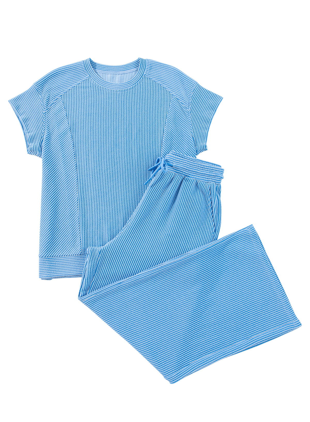 Bright Green Solid Corded Knit Short Sleeve T Shirt and Wide Leg Pants Set