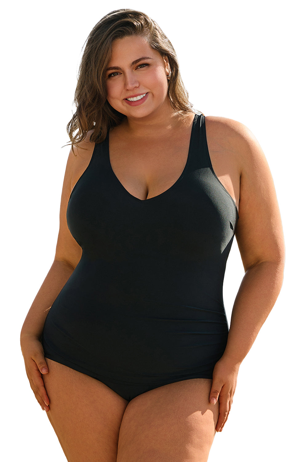 Black Solid Color U Neck Padded Plus Size One Piece Swimsuit