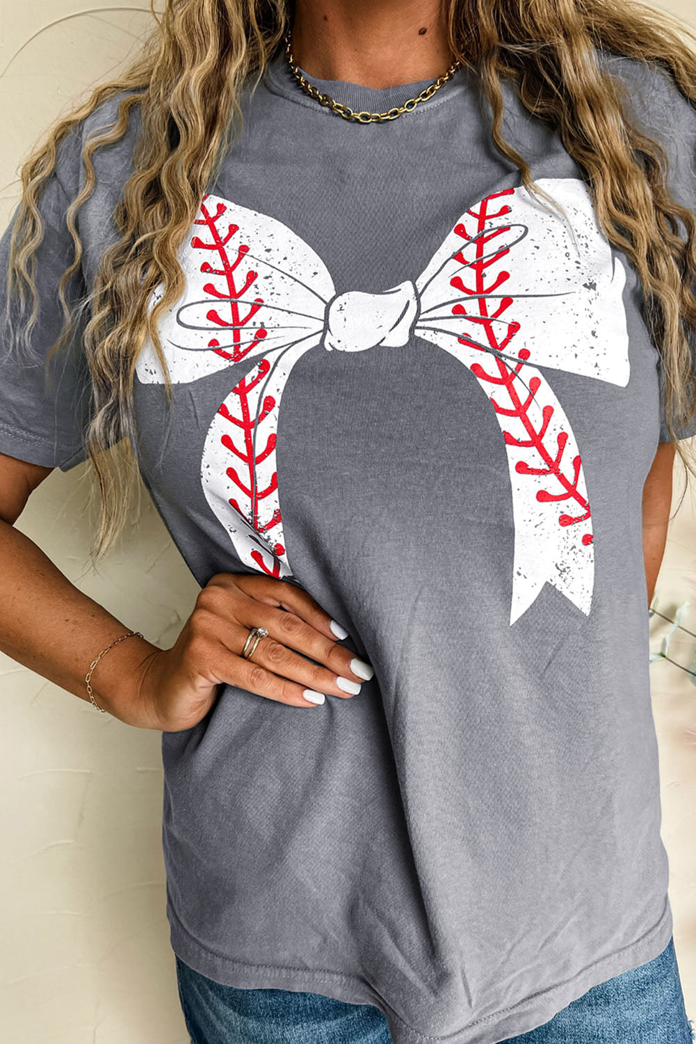 Gray Casual Baseball or Softball Bowknot Graphic Roll Up Sleeve Tee