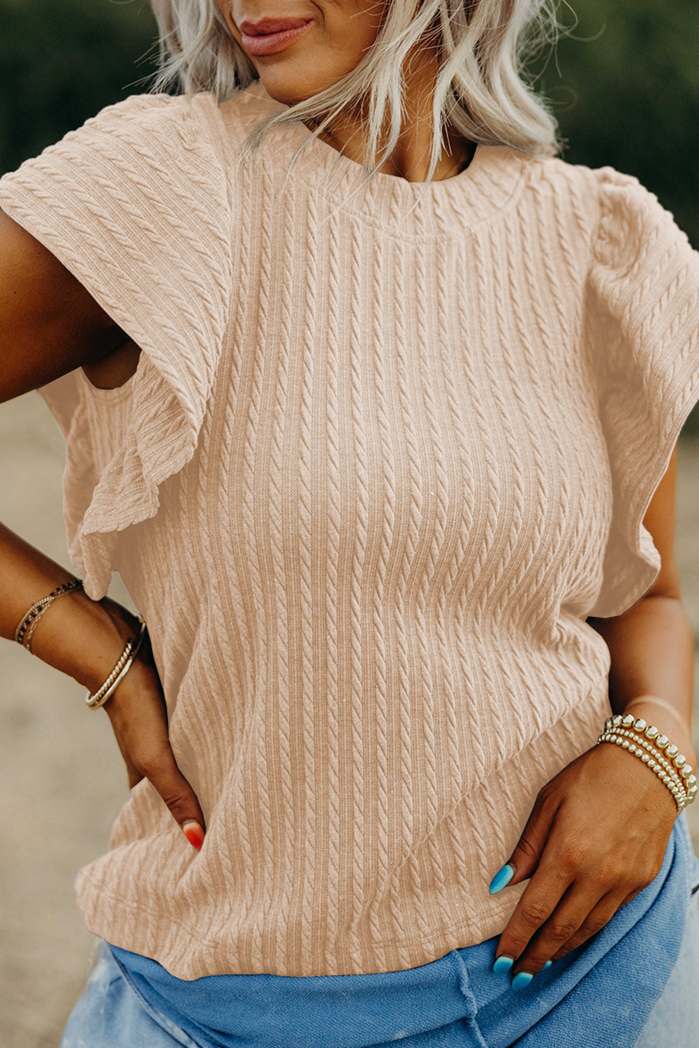 Moonlight Jade Solid Color Textured Flutter Sleeve Top