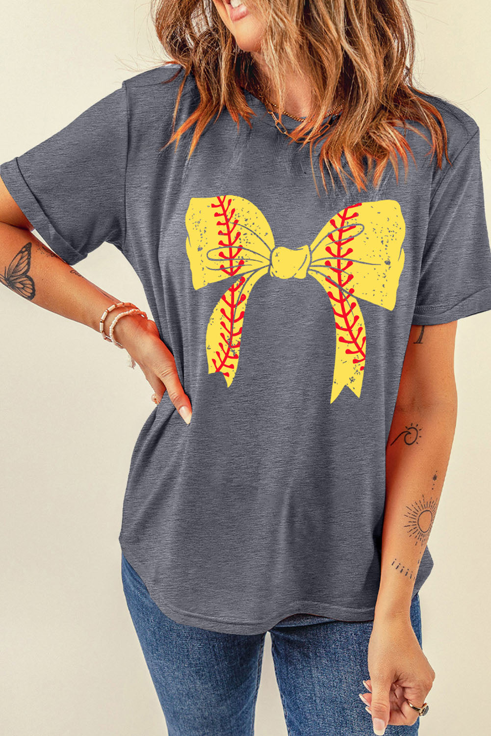Gray Casual Baseball or Softball Bowknot Graphic Roll Up Sleeve Tee