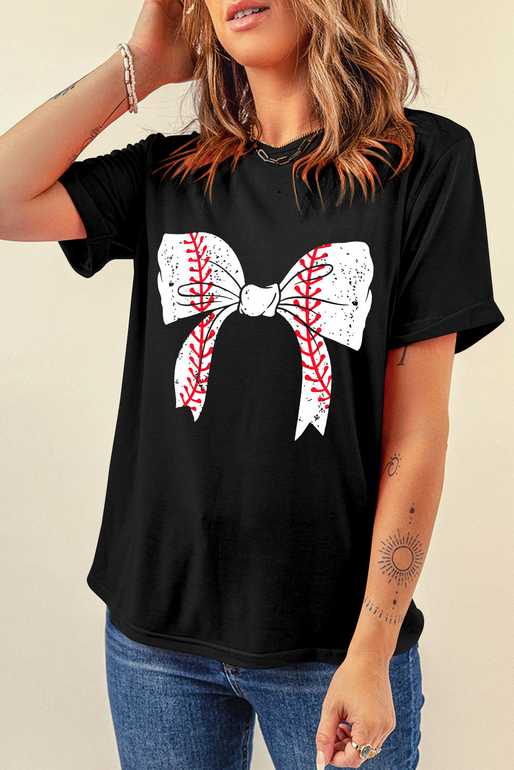 Gray Casual Baseball or Softball Bowknot Graphic Roll Up Sleeve Tee