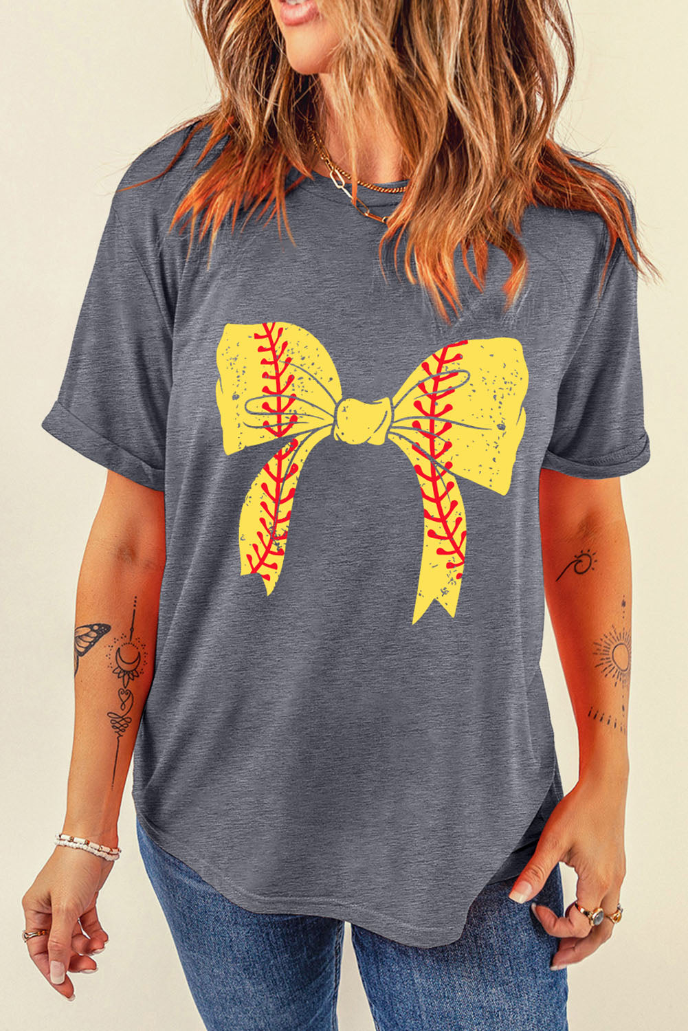 Gray Casual Baseball or Softball Bowknot Graphic Roll Up Sleeve Tee