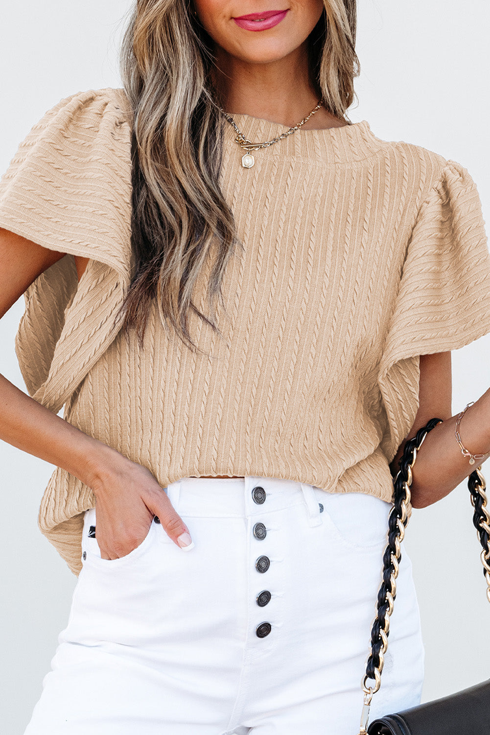 Moonlight Jade Solid Color Textured Flutter Sleeve Top