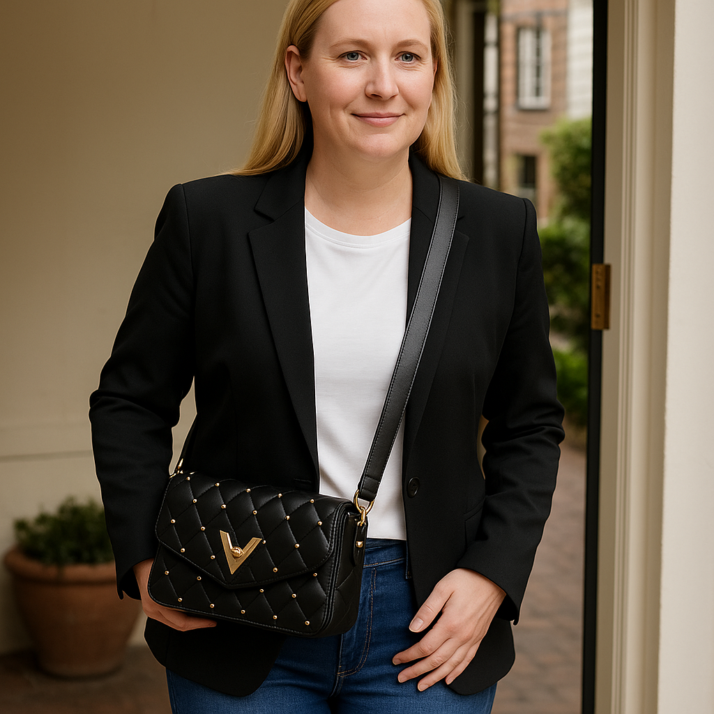 Valentino Orlandi Quilted Black Crossbody Bag – Gold Stud Detail