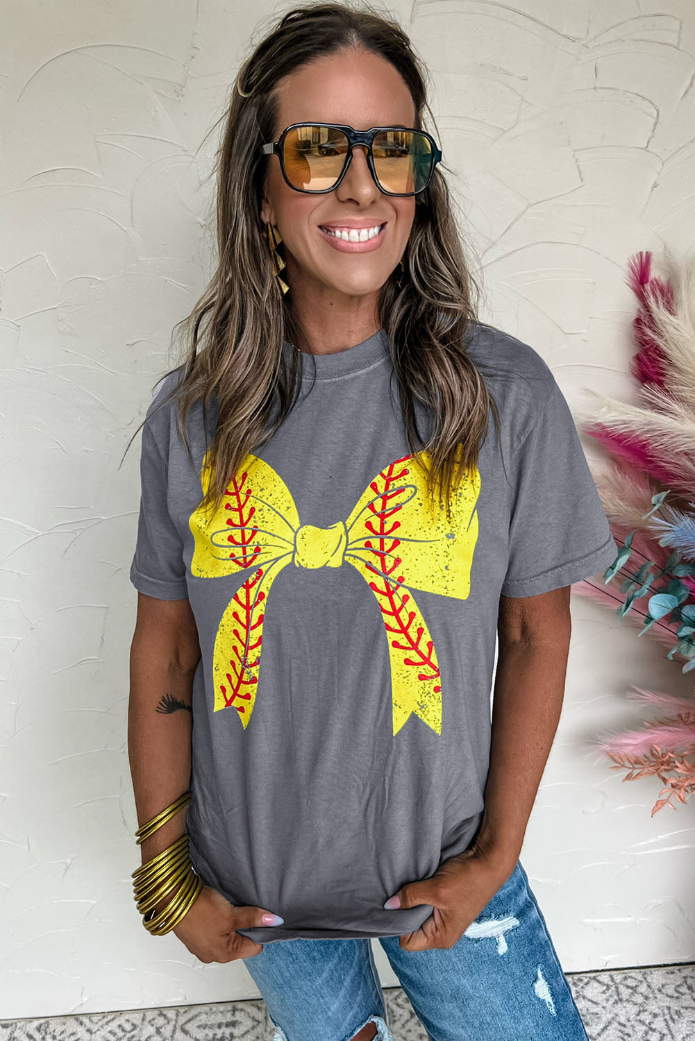 Gray Casual Baseball or Softball Bowknot Graphic Roll Up Sleeve Tee