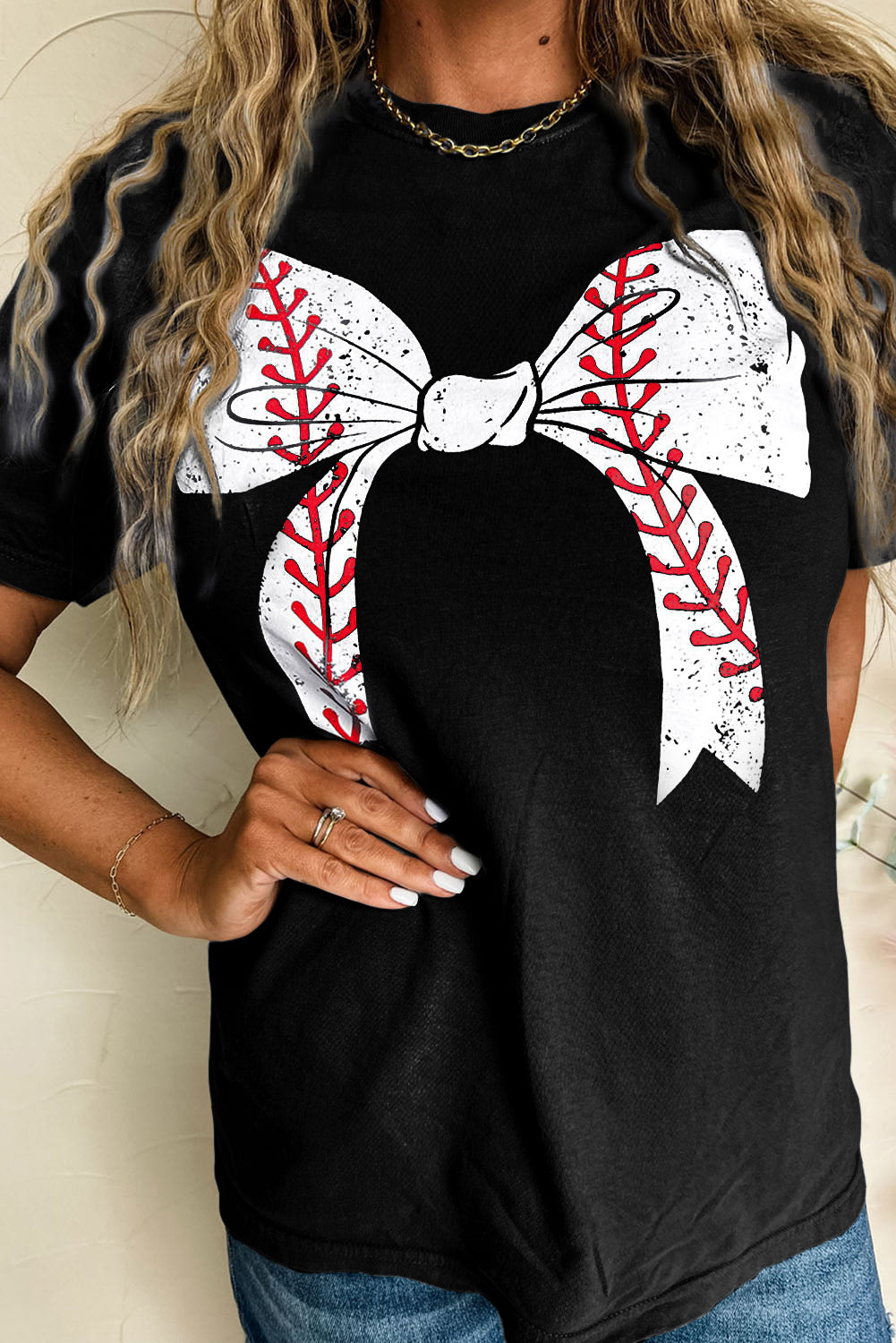 Gray Casual Baseball or Softball Bowknot Graphic Roll Up Sleeve Tee