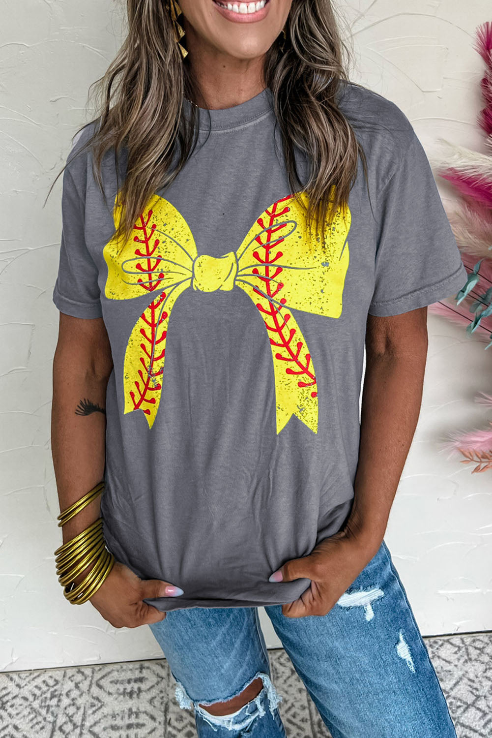 Gray Casual Baseball or Softball Bowknot Graphic Roll Up Sleeve Tee