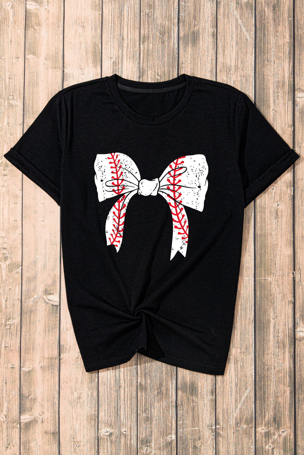 Gray Casual Baseball or Softball Bowknot Graphic Roll Up Sleeve Tee