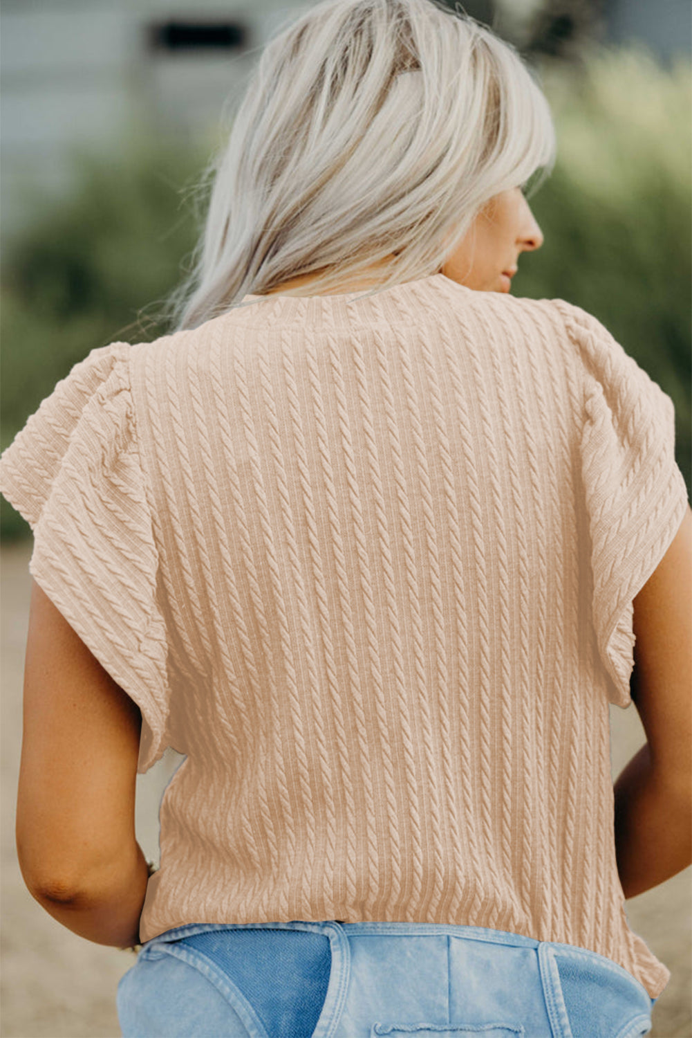 Moonlight Jade Solid Color Textured Flutter Sleeve Top
