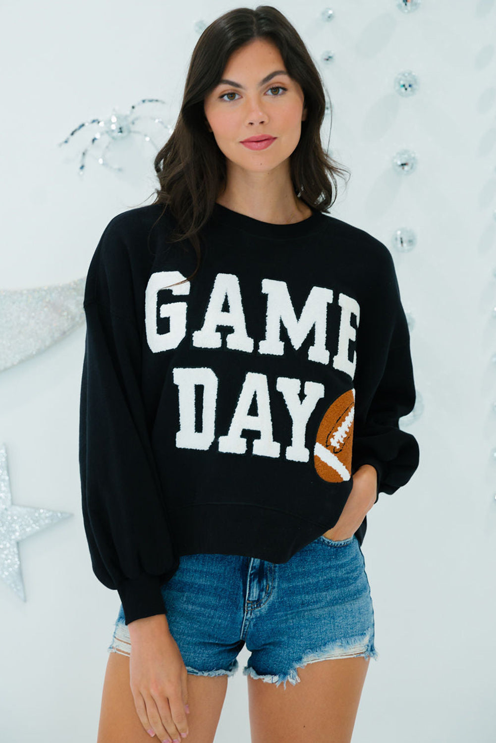 Black or White GAME DAY Graphic Varsity Pullover Sweatshirt