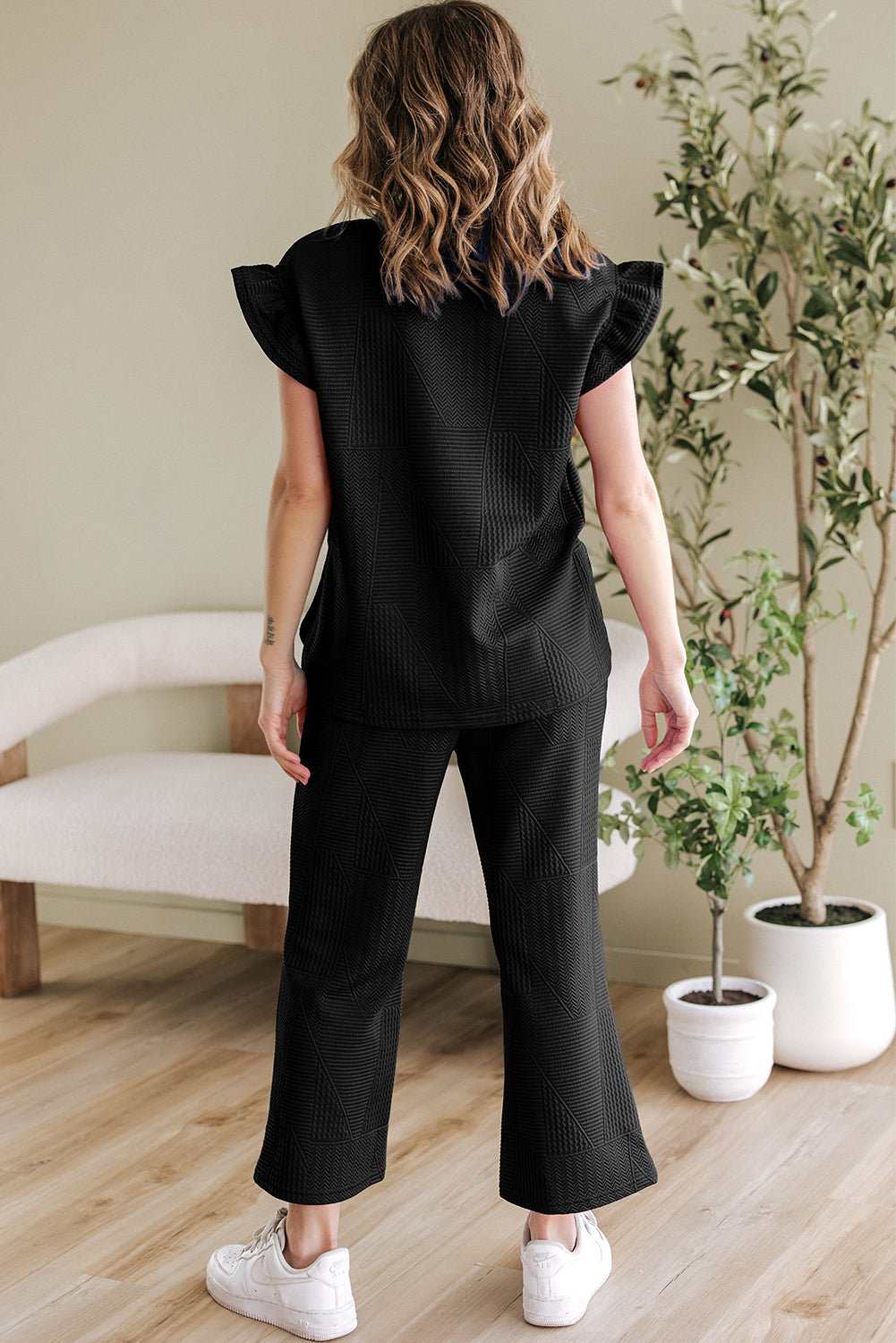 Dark Green Ruffled Sleeve Summer Top and Cropped Loose Pants Set