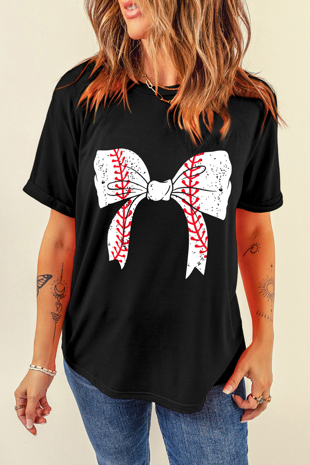 Gray Casual Baseball or Softball Bowknot Graphic Roll Up Sleeve Tee