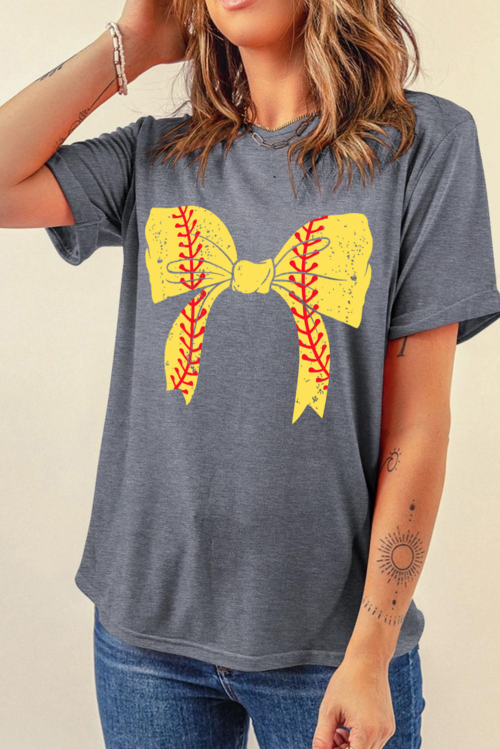 Gray Casual Baseball or Softball Bowknot Graphic Roll Up Sleeve Tee