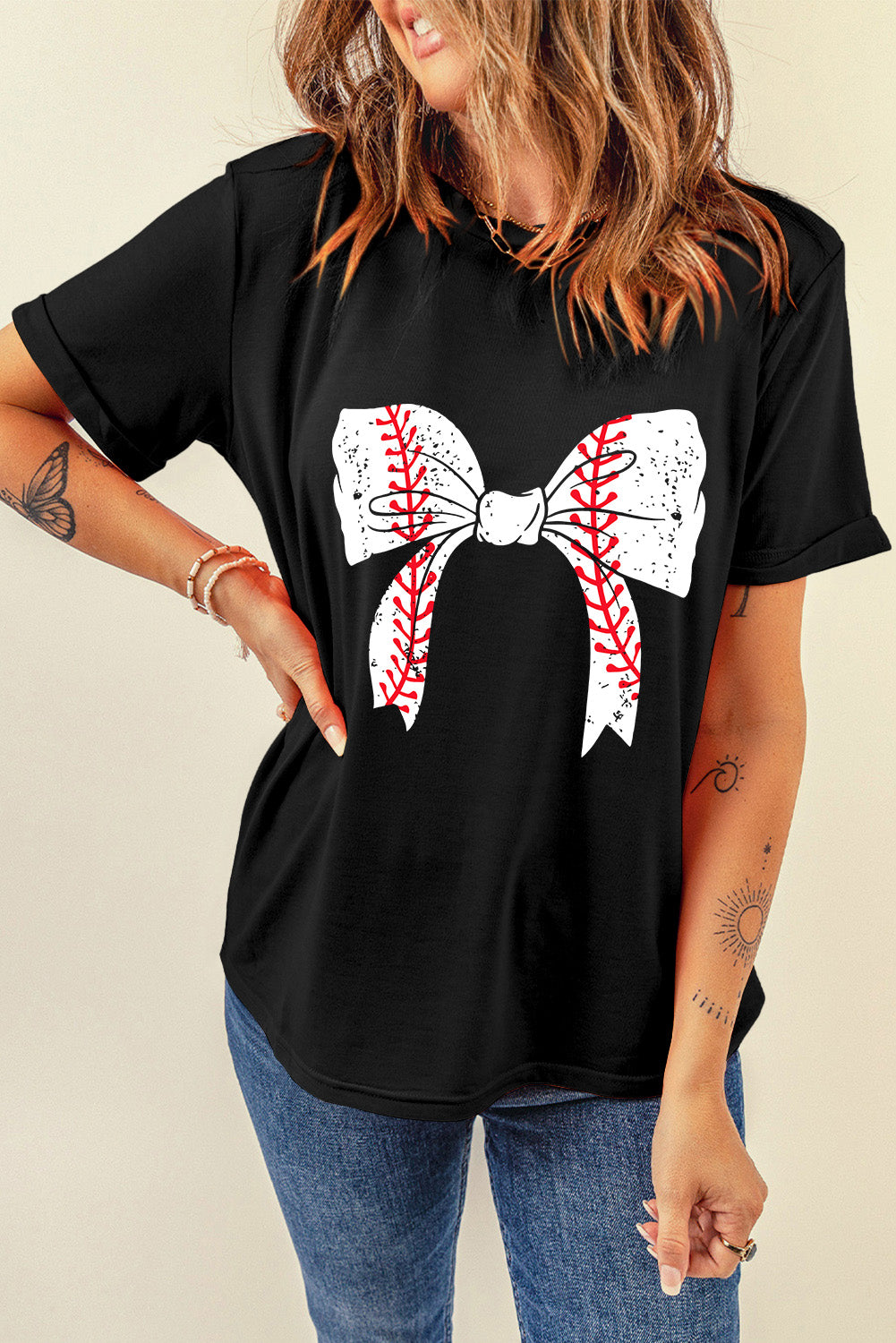 Gray Casual Baseball or Softball Bowknot Graphic Roll Up Sleeve Tee