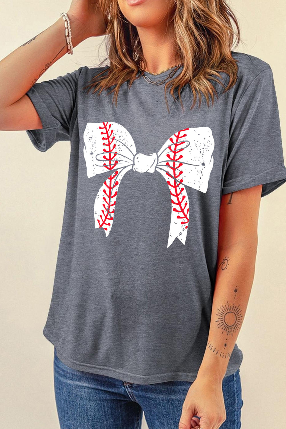 Gray Casual Baseball or Softball Bowknot Graphic Roll Up Sleeve Tee