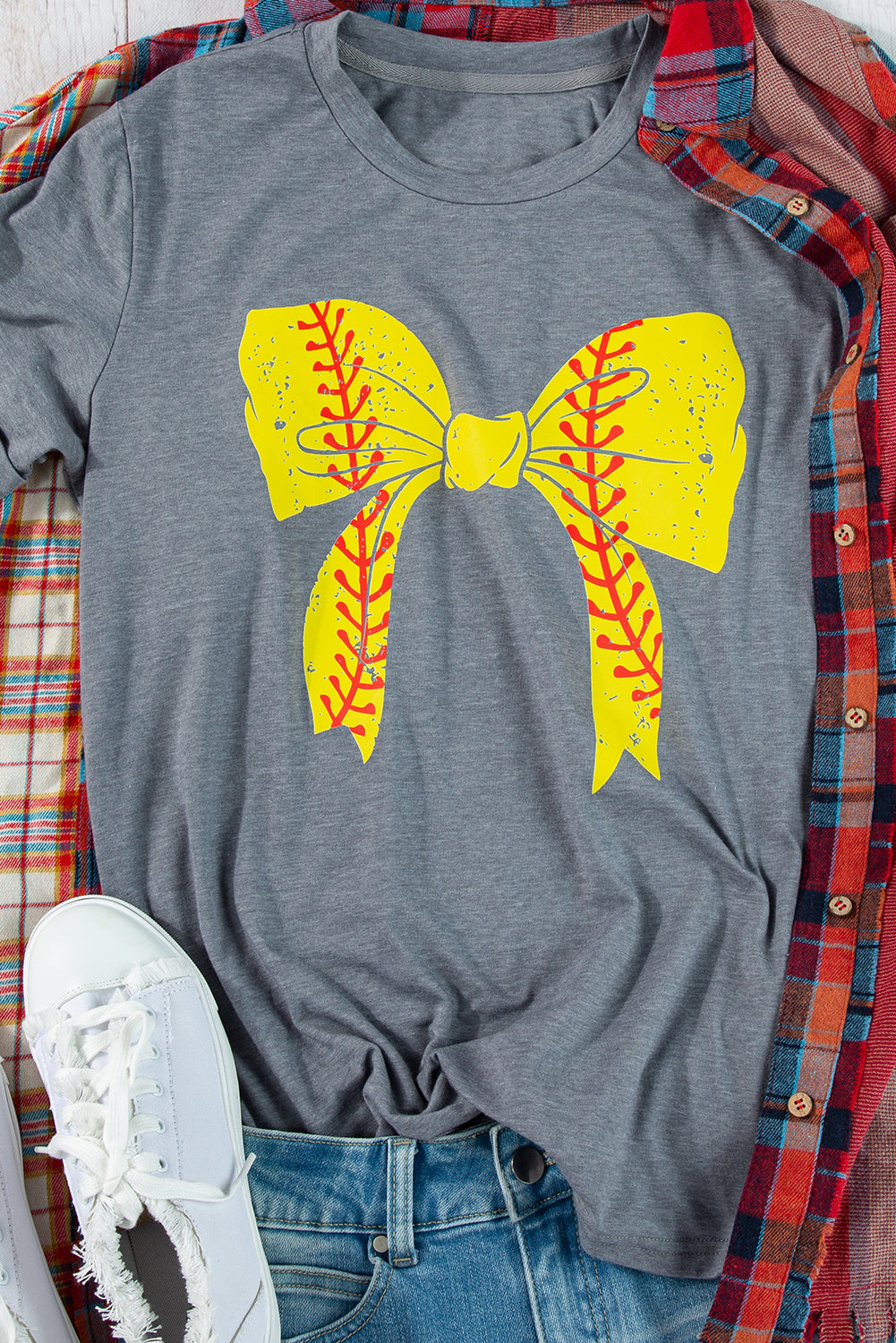 Gray Casual Baseball or Softball Bowknot Graphic Roll Up Sleeve Tee