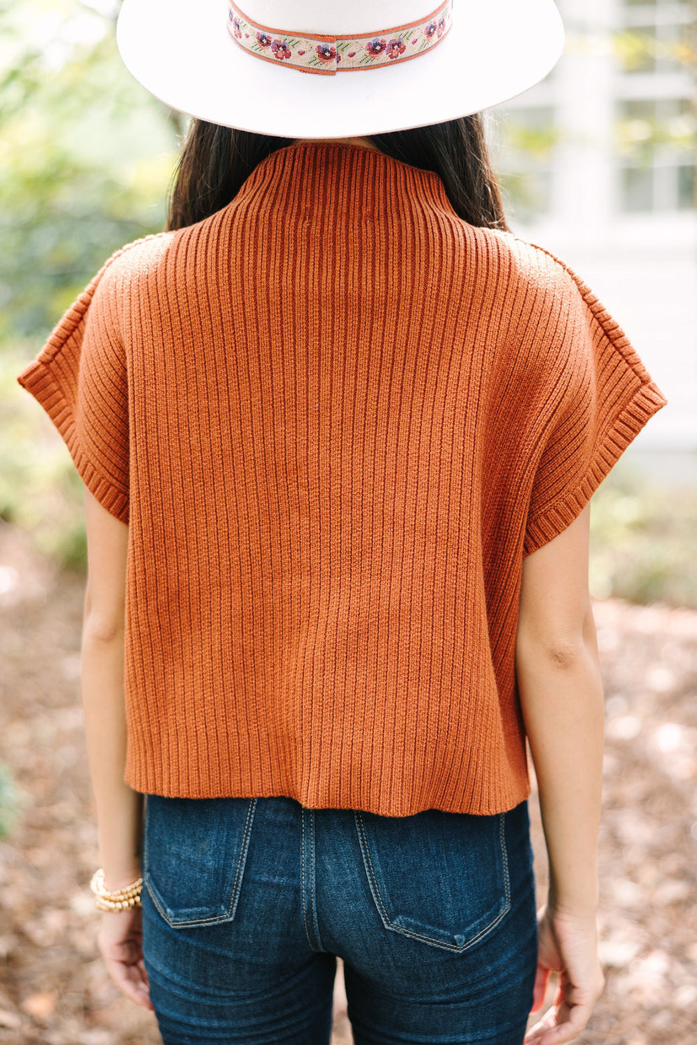 Blackish Green Patch Pocket Ribbed Knit Short Sleeve Sweater