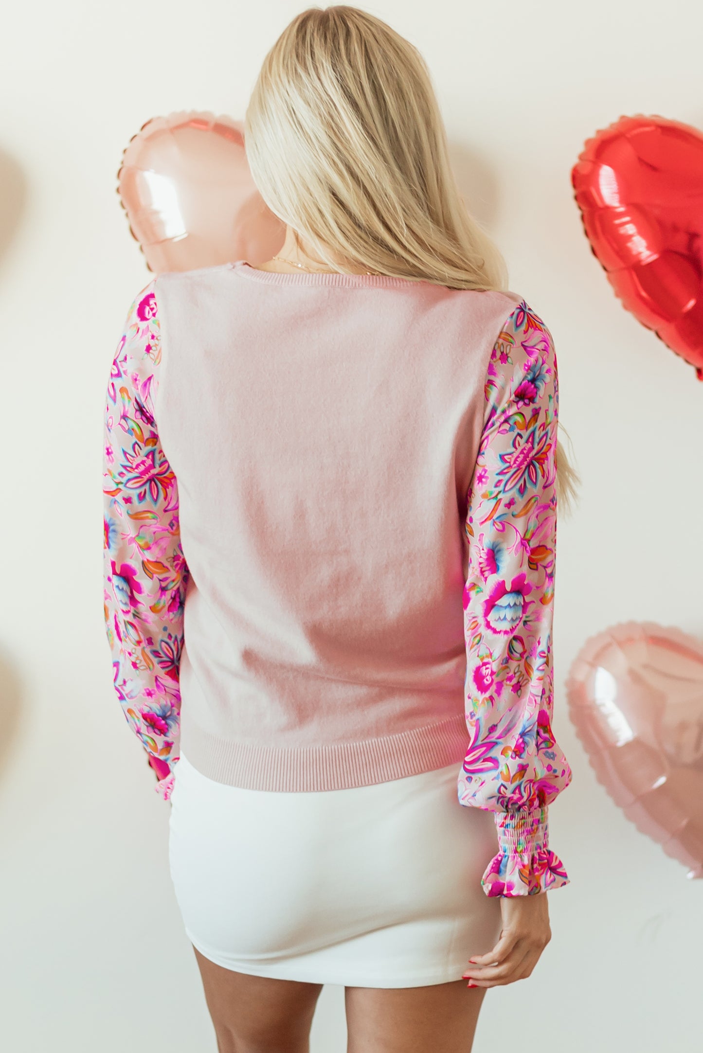 Oatmeal Floral Printed Patchwork Smocked Lantern Sleeve Knit Top