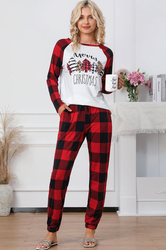 Fiery Red Plaid Merry Christmas Graphic Loungewear Set