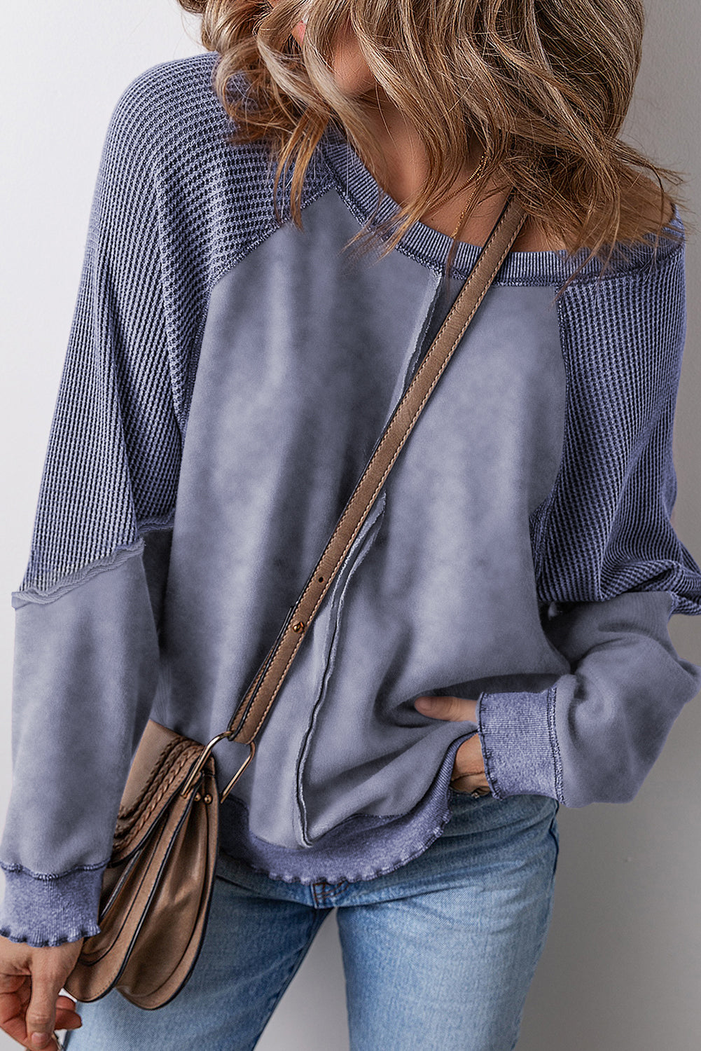 Mineral Blue Solid Waffle Knit Patchwork Raglan Sleeve Sweatshirt