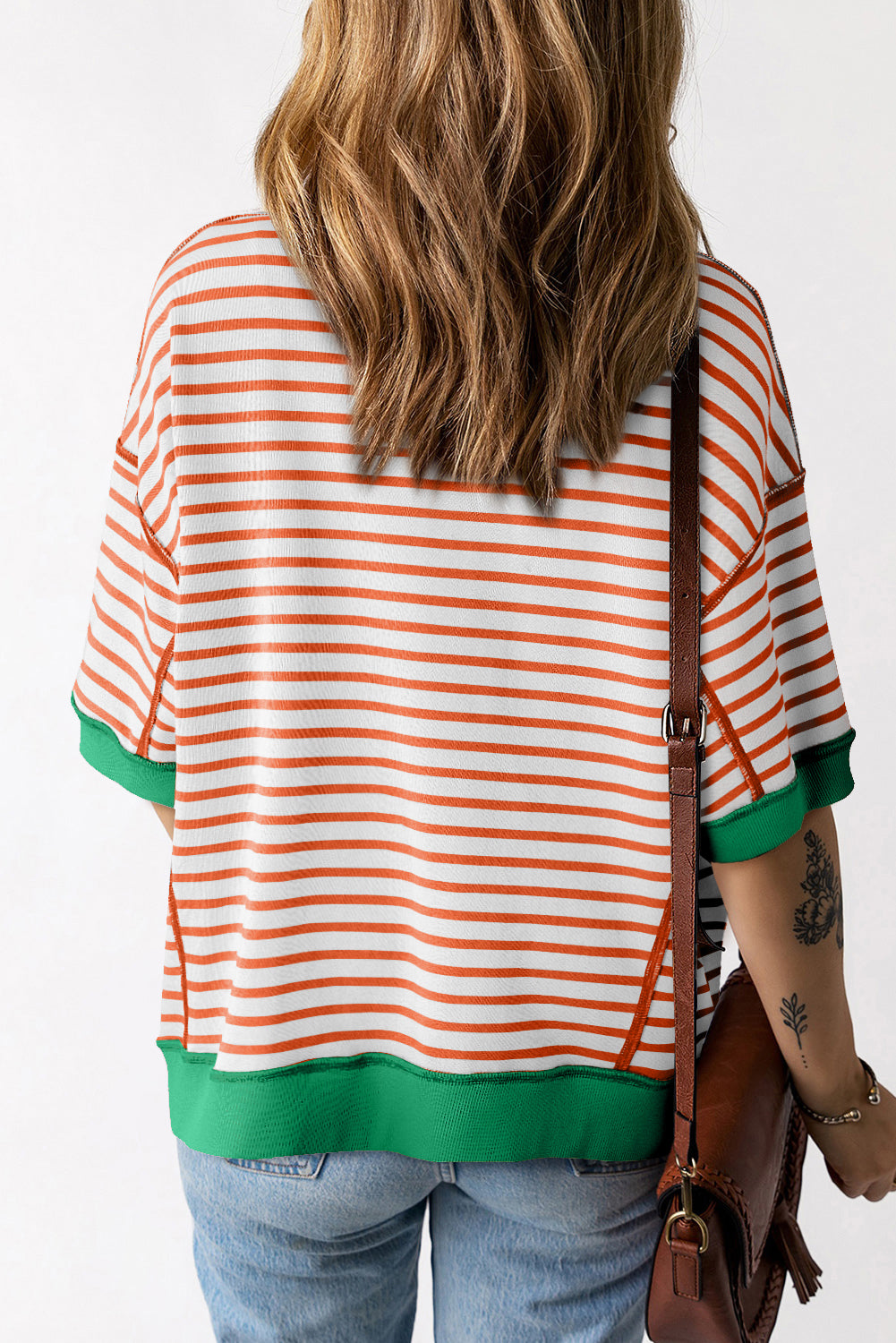 Orange Stripe Oversized Contrast Trim Exposed Seam High Low T Shirt