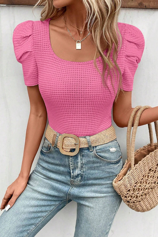 Bright Pink Waffle Knit Ruched Puff Sleeve Top