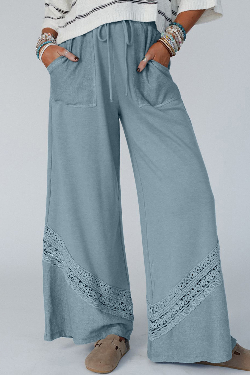 Dusk Blue Lace Crochet Patched Lace-up High Waist Wide Leg Pants