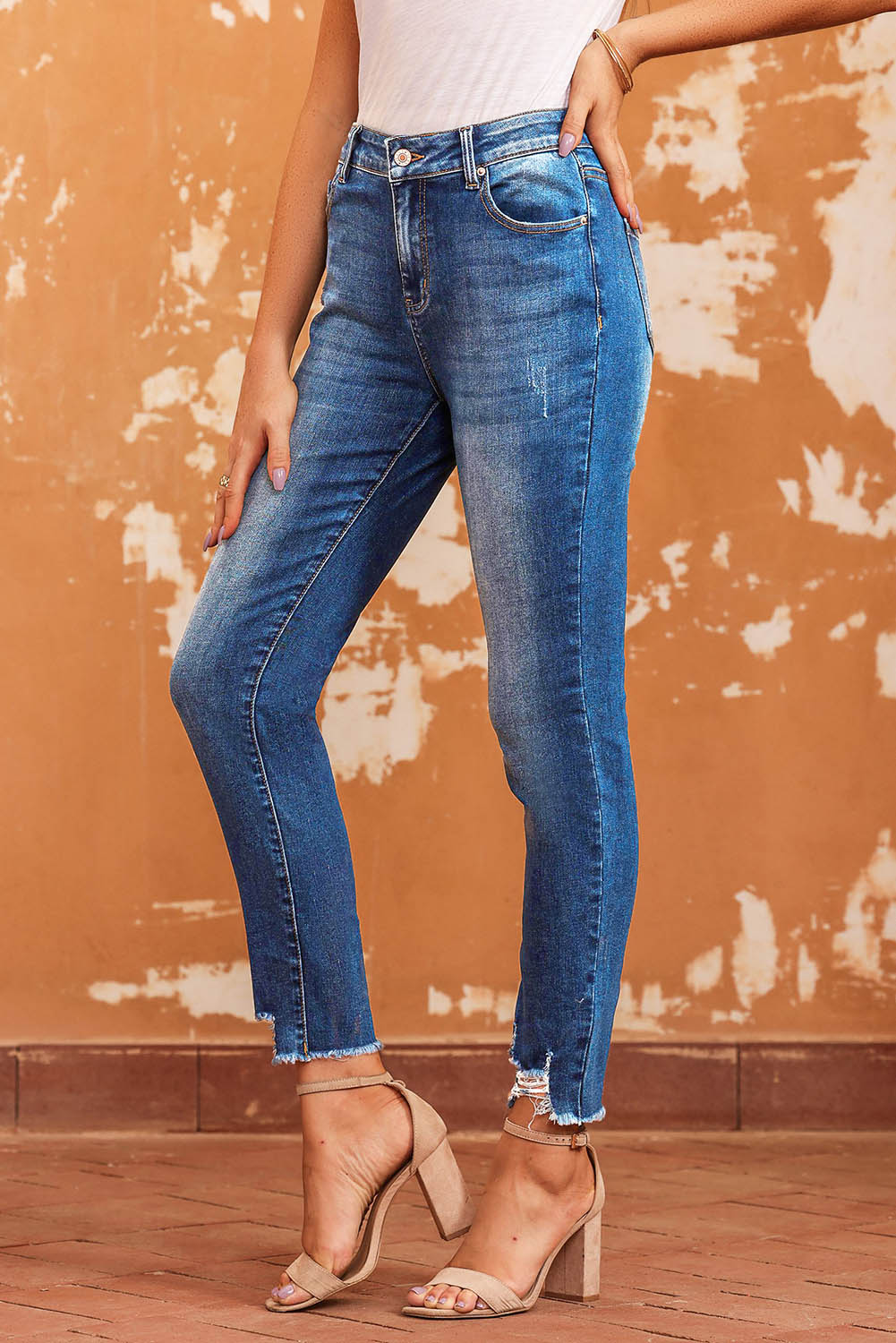 Blue Raw Hem Ankle-length Skinny Jeans