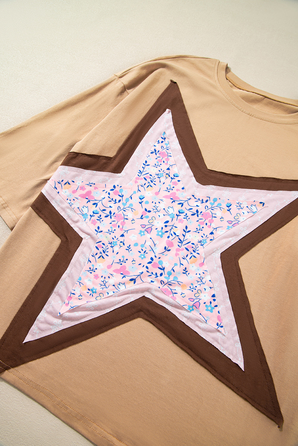 Camel Floral Star Patchwork 3/4 Long Sleeve Top