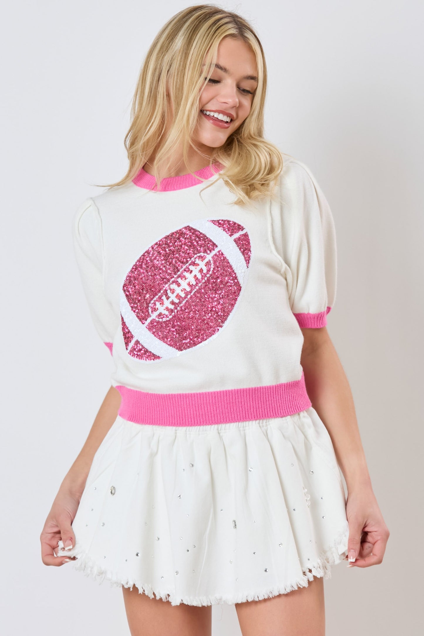 Red / Black, Purple / Gold or Pink / White Sequin Football Color Block Puff Sleeve Knit Top