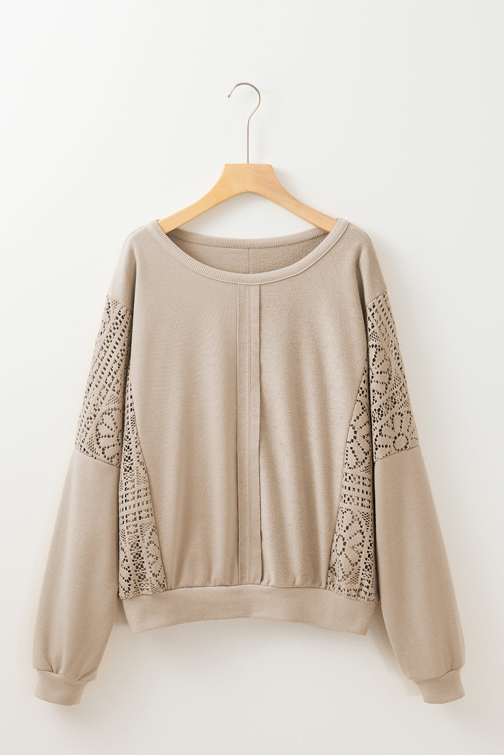 Parchment Knit Crochet Exposed Seam Ribbed Trim Sweatshirt