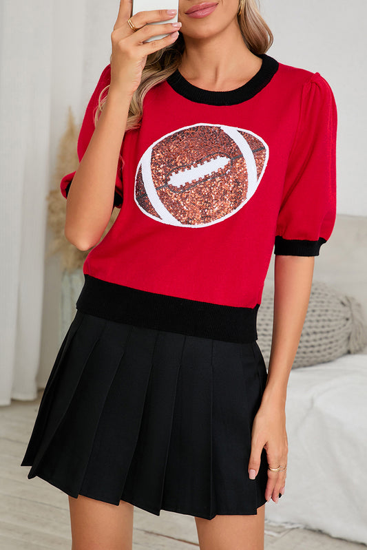 Red / Black, Purple / Gold or Pink / White Sequin Football Color Block Puff Sleeve Knit Top