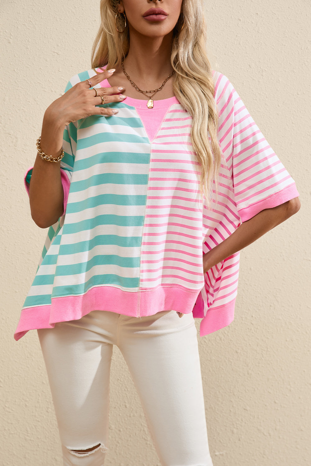 Pink Stripe Contrast Patchwork Oversized T Shirt