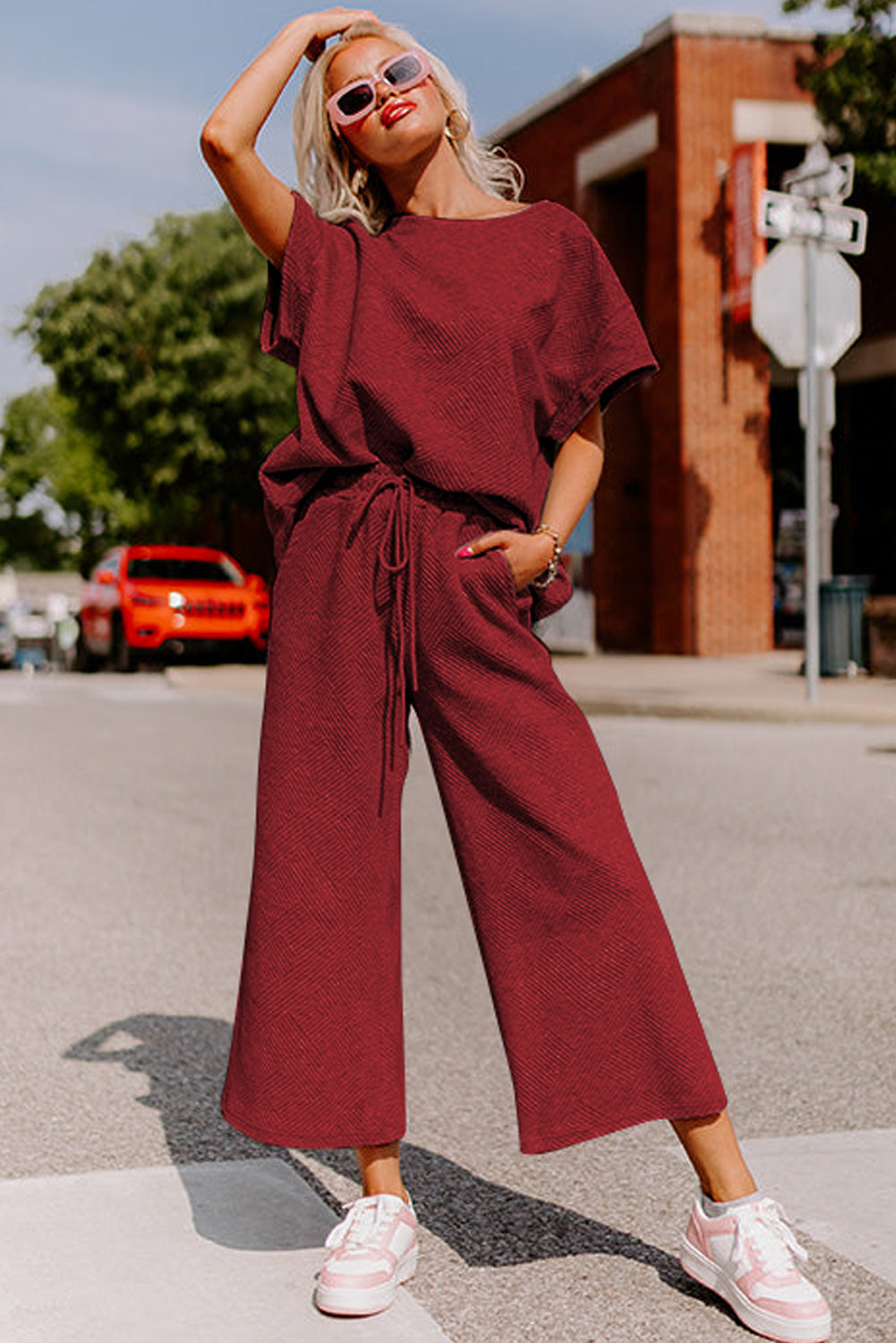 Dark Green Textured Loose Fit T Shirt and Drawstring Pants Set