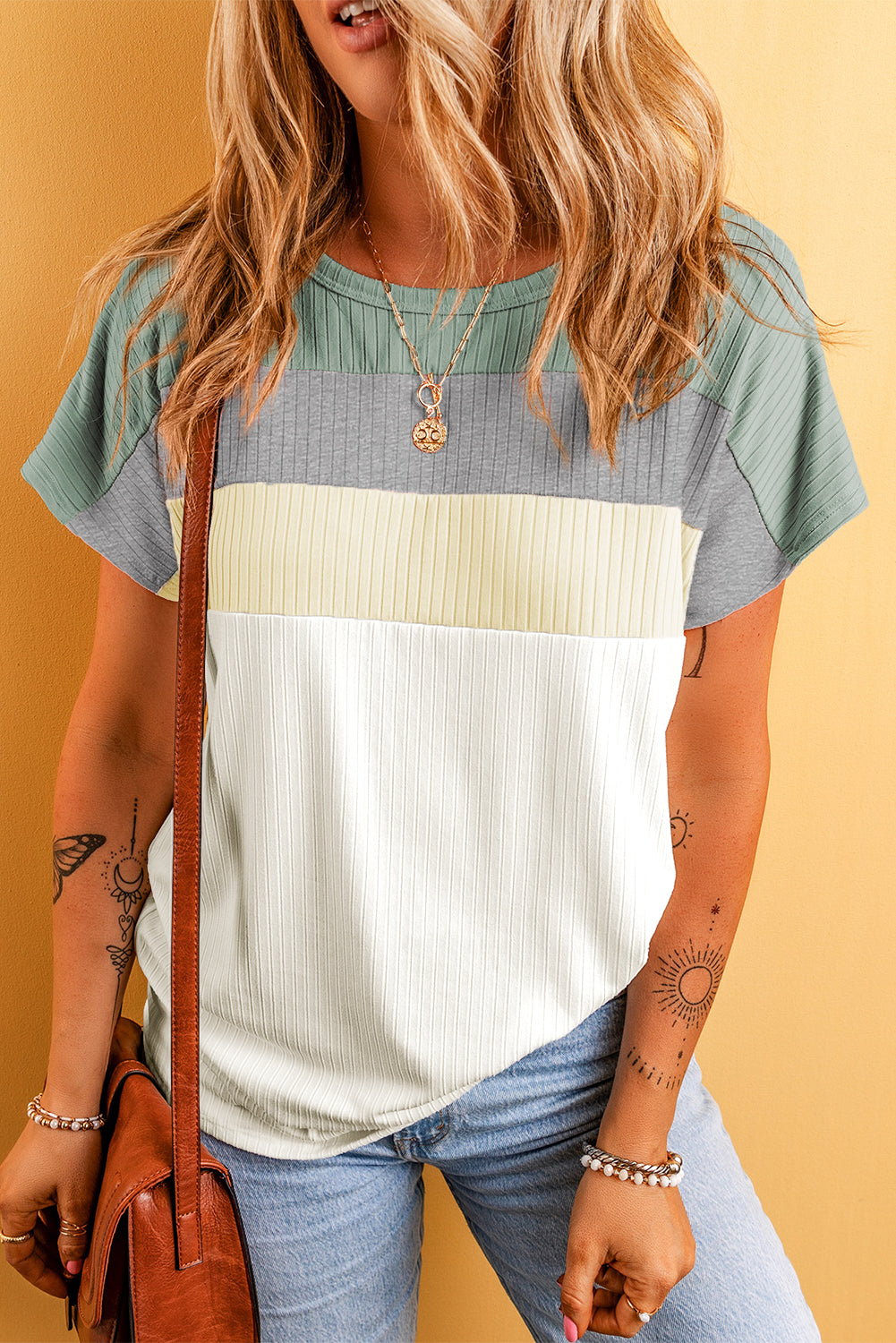 Gray Ribbed Color Block Patchwork T-shirt