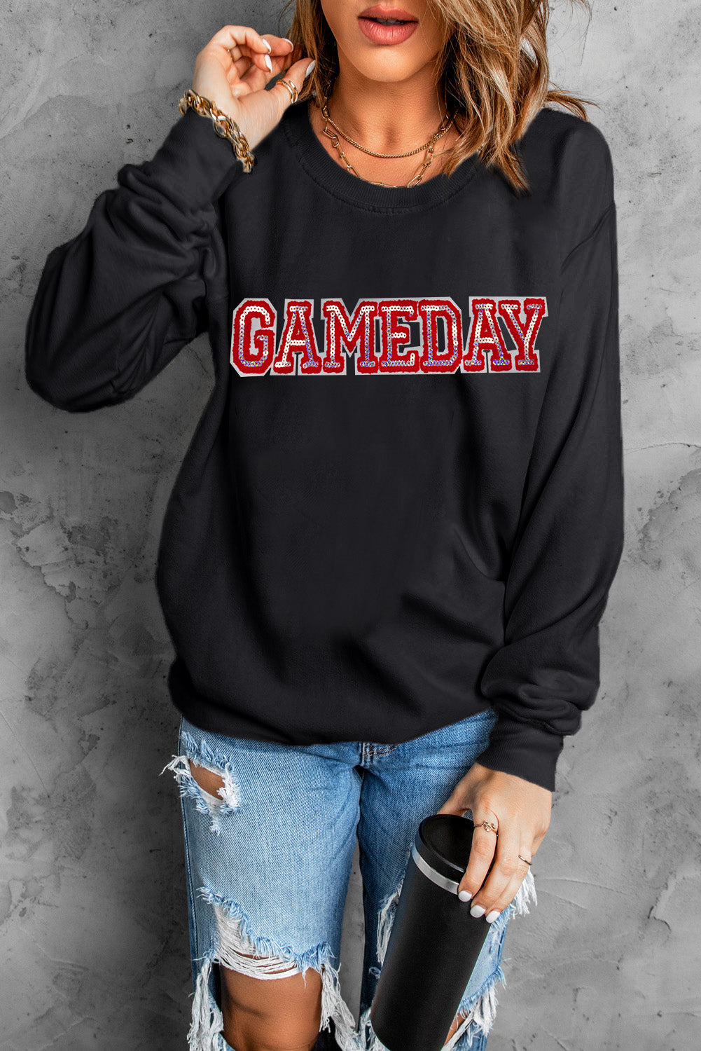 Black GAME DAY Sequined Patched Crew Neck Pullover Sweatshirt