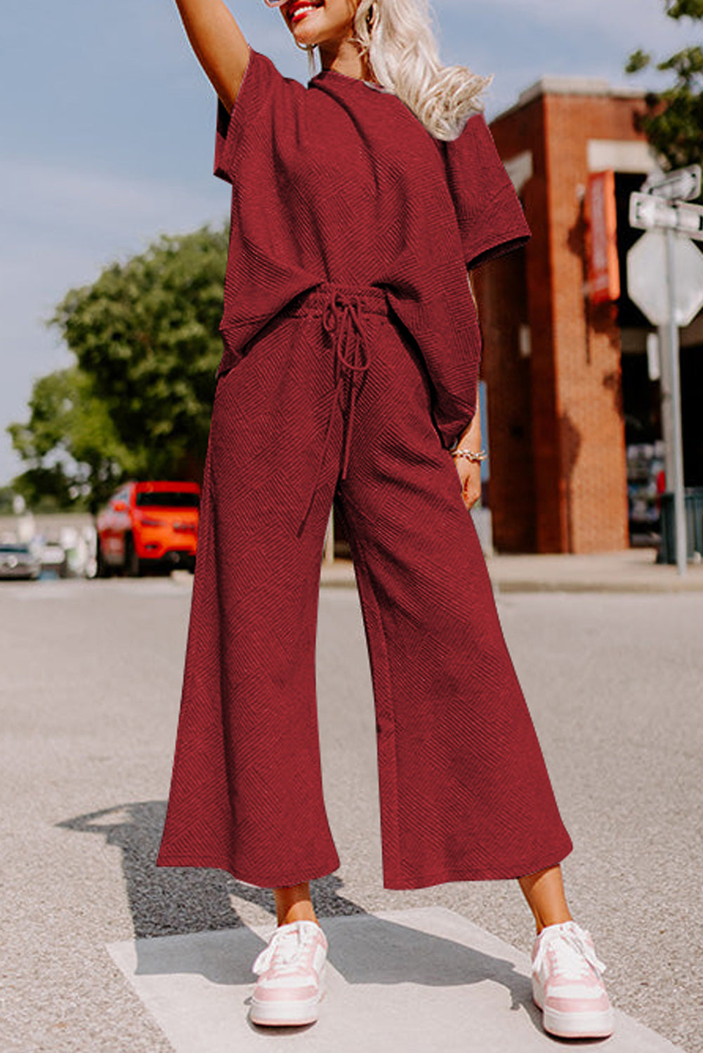 Dark Green Textured Loose Fit T Shirt and Drawstring Pants Set