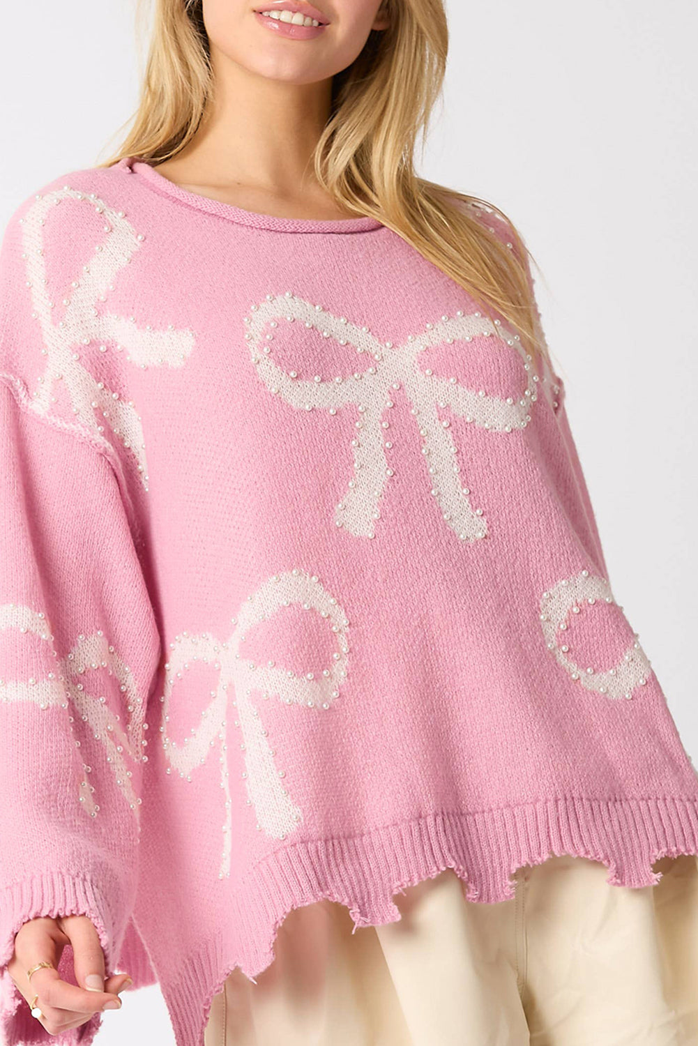 Pink Pearl Beaded Bowknot Pattern Distressed Split Hem Sweater