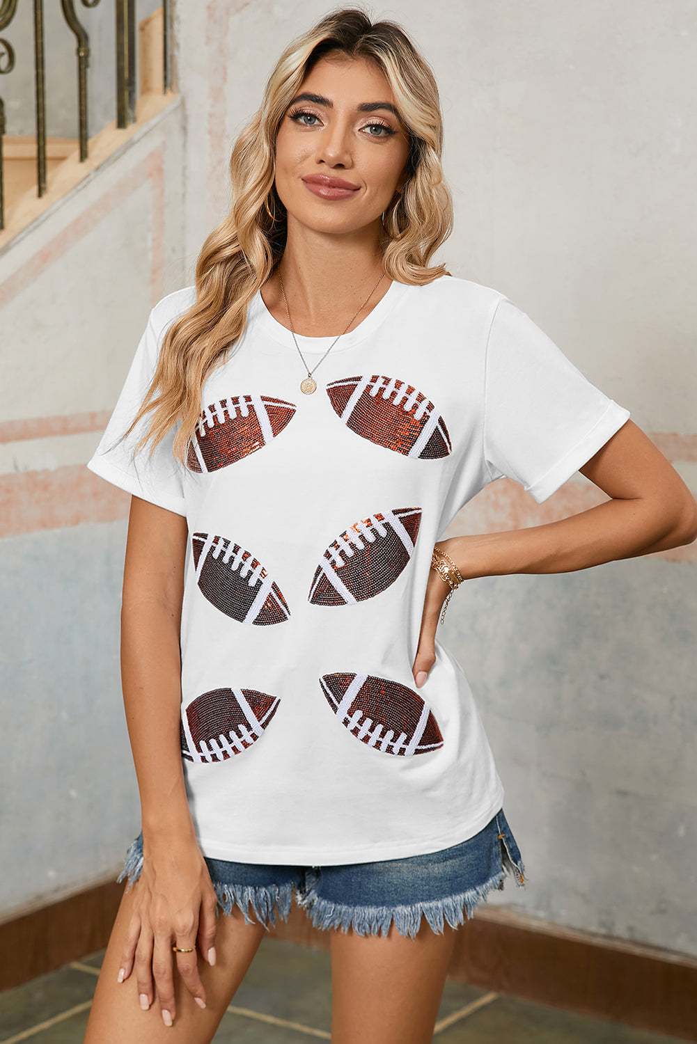 White Sequined Rugby / Football Graphic T Shirt