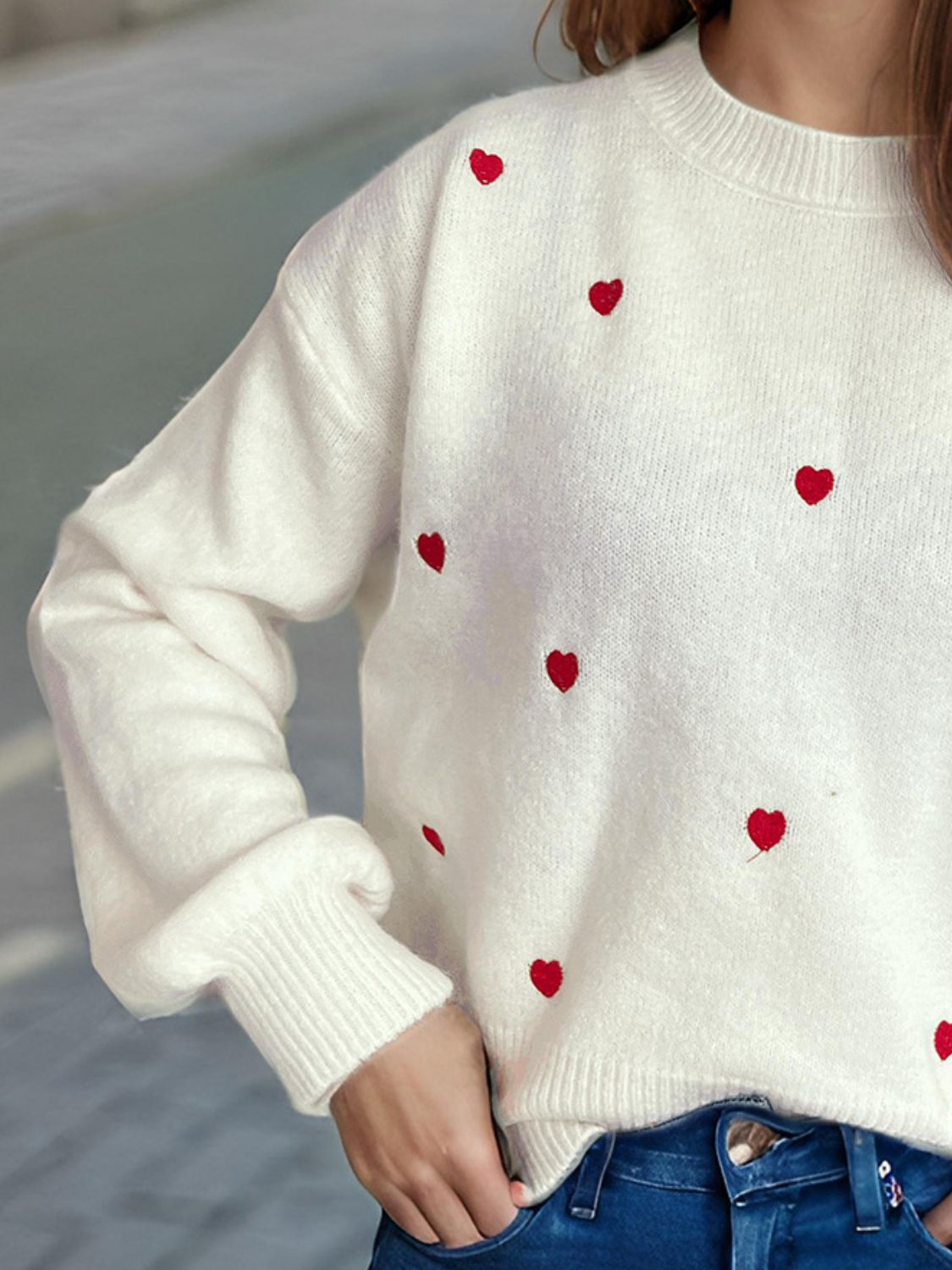 Heart Round Neck Long Sleeve Sweater